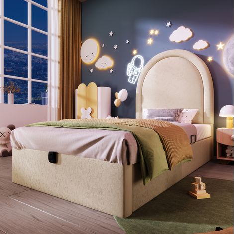Letto con contenitore in PU beige 90x190 cm con rete a doghe inclusa (1/5)