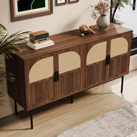 Buffet 4 portes en MDF avec décor rotin, 140 x 40 x 80 cm, naturel DESVIAE (1/5)