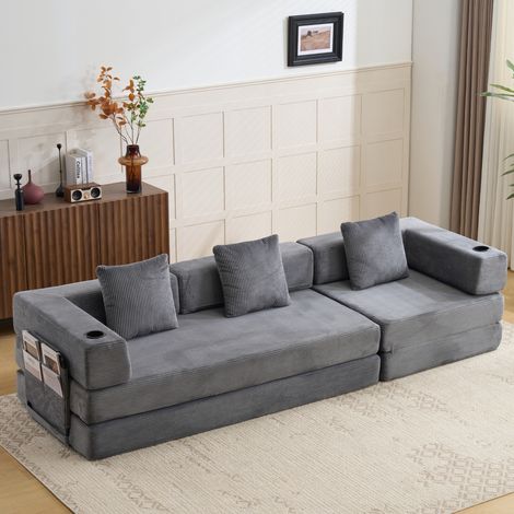 Divano letto trasformabile a pavimento con braccioli, portabicchieri e tasca laterale, in velluto a coste - grigio scuro (1/5)