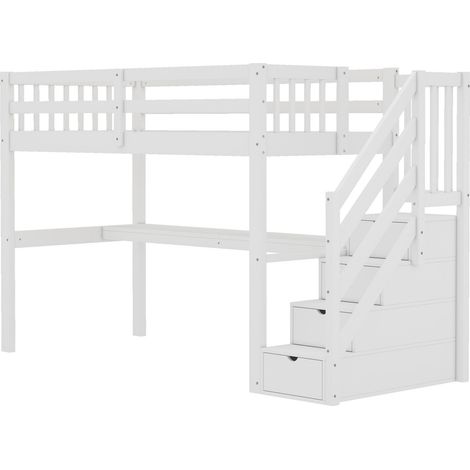 Cama alta infantil 90 x 200 cm con escritorio integrado y cajones, blanca, HOMVRA (1/5)