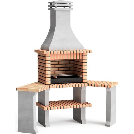 MOVELAR - Barbacoa de Obra Prefabricada de Leña y Carbón Modelo Roma 2 Side Tables Corner (Gris, Naranja - 160 x 58 x 240 cm) REF: 3800/1 - Cocina de Exterior para Jardín o Patio