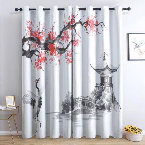 Rideau Occultant Style Japonais, Rideaux Thermiques à Oeillets pour Salon Chambre Fenetre, Motif Fleur Grue Paysage Rideaux Lot De 2 Moderne Décoration De Fenêtre, 140x160 cm (L x H) - 140L X 160H cm (1/5)