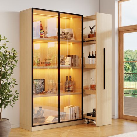 Vitrine bibliothèque 110,5x35x160 cm avec LED et rangement coulissant, meuble de salon MDF décor chêne (1/5)
