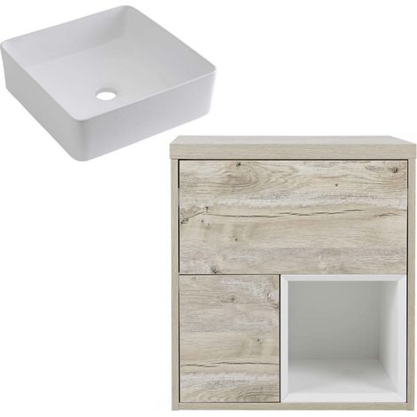 Milano Bexley Light Oak 600mm Wall Hung Bathroom Vanity Unit with Countertop Basin - Square Basin (With LED Lights) (1/5)