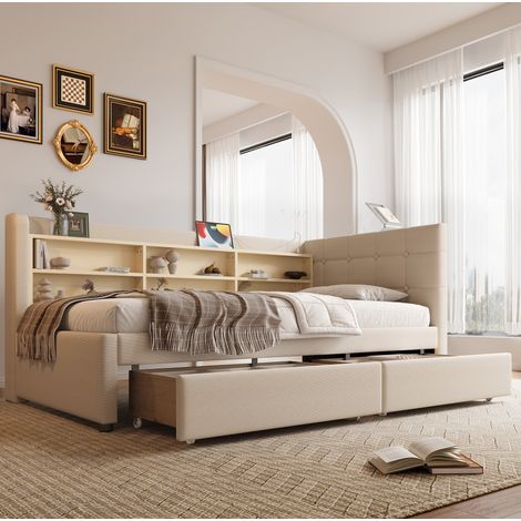 Letto bambini 90x200 cm con 2 cassetti, porte USB e Type-C, ripiani portaoggetti, in lino beige, materasso non incluso (1/5)
