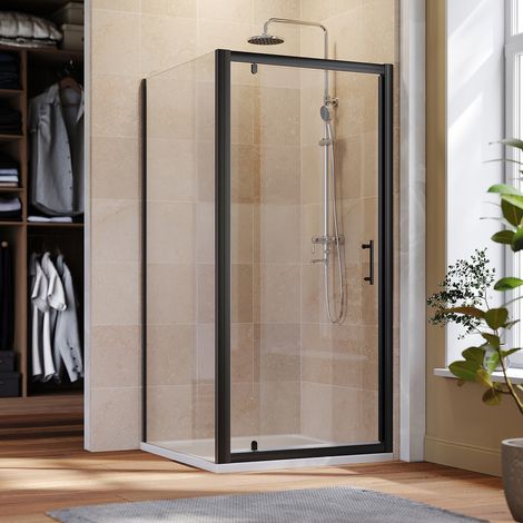 ELEGANT 900mm Black Frame Pivot Hinge Shower Door 6mm Safety Glass Shower Enclosure Cubicle with Side Panel, Rectangular SMC Tray and Waste Trap (1/5)