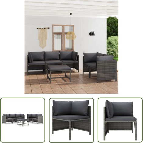 The Living Store Salon de jardin 6 pcs avec coussins Résine tressée Gris - Salon De Jardin - Mobilier De Jardin - Set De Salon - Meubles De Jardin - Table Basse (1/5)