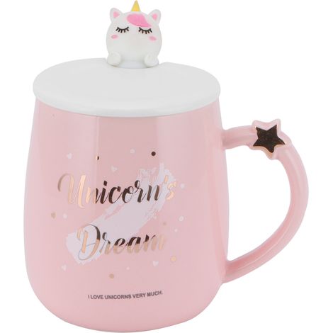 Tasse En Céramique Avec Couvercle Et Cuillère - Motif Dessin Animé Rose - Pour Café Bureau Maison - 1 Pièce (1/5)
