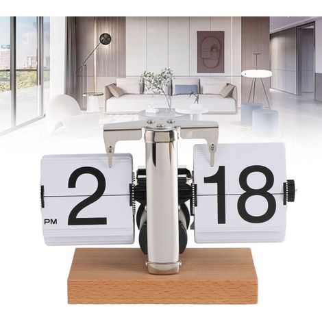 Vintage Retro Klapp-Tischuhr – Große Ziffern, Weiß, Edelstahl 304, PVC-Buchenholz, 12 cm hoch, 686 g – für Wohnzimmer/Büro