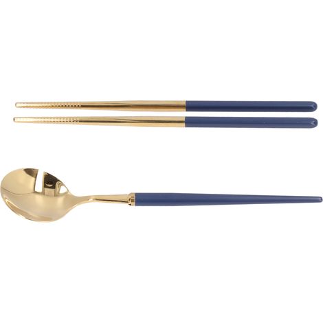 Set de couverts en acier inoxydable portable pour étudiants : boîte de rangement avec baguettes et cuillère, voyage à emporter, ensemble individuel bleu foncé et or (1/5)