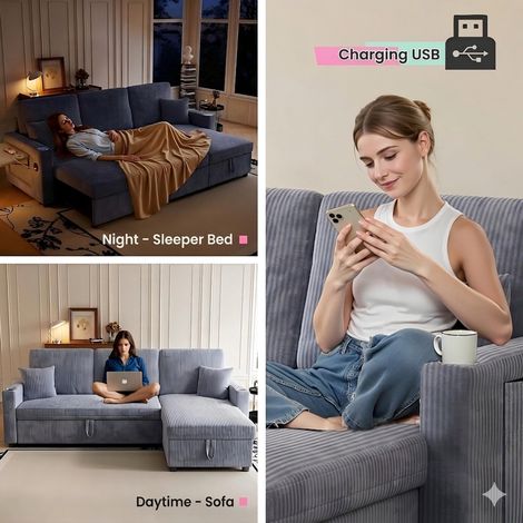 Canapé d'angle modulable avec couchage, canapé-lit spacieux avec rangement intégré, convertible en lit, idéal pour salon et appartement, design L, tissu confortable. (1/5)