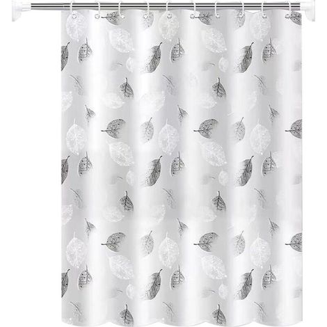 XEPHO Rideau de douche 180 x 200 cm, anti-moisissure, motif feuilles blanches, lavable, avec crochets