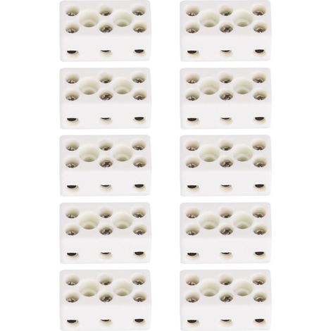 Vtizikl Lot de 10 borniers en céramique à 3 voies pour câble électrique, connecteurs en céramique porcelaine haute température 24 A, 3 positions 8 trous 33.53x17.85x15.50mm (1/4)