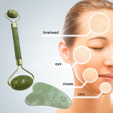 Rouleau de Jade et outil de Massage de grattage avec boîte de protection pour les soins de la peau du visage, ensemble de pierres Anti-âge, beauté du visage, des yeux et du cou (1/5)