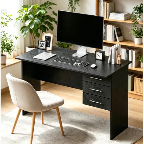 MEUBLIV Bureau 120x60 cm noir – 3 tiroirs avec serrure, en bois, montage requis (1/5)