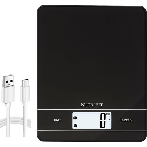 Balance de cuisine numérique rechargeable, balance alimentaire à chargement USB-C pour la cuisson, large plate-forme de pesée en verre trempé, écran LCD rétroéclairé, 11 lb/5 kg, Noir (1/5)