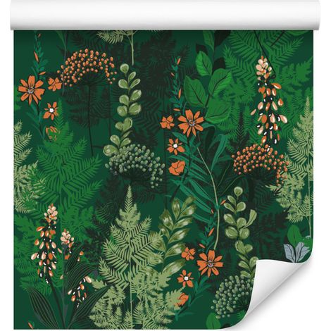 Papel pintado con estampado de helechos forestales y flores para salón y dormitorio, 50x1000 cm. (1/5)