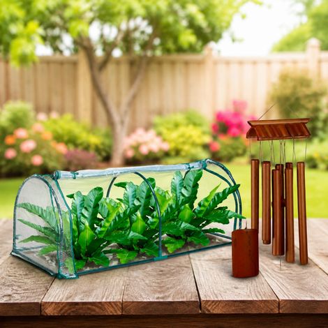Set da giardinaggio per balcone (2 pezzi) - Serra da giardino in plastica e campanello a vento in bambù a forma di tempio (1/5)