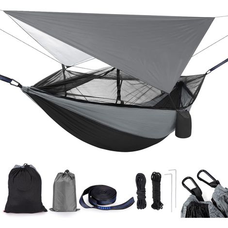 2-person camping hammock with net, tent, tree straps, sturdy, waterproof, lightweight, made of nylon for hiking, travel, beach, survival, garden (1/5)
