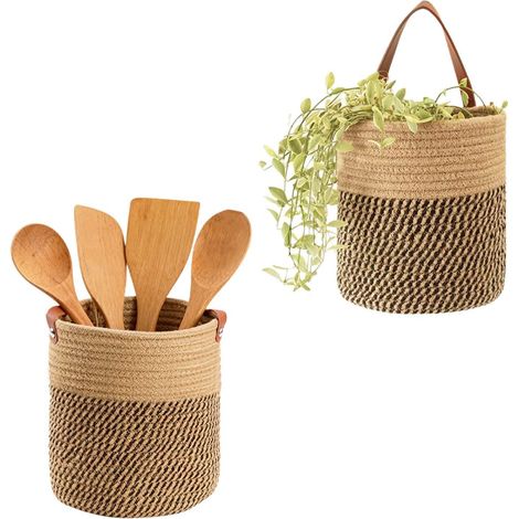 2 paniers tressés en corde de coton, pots de fleurs suspendus, rangement mural pour porte, accrochables facilement. (1/5)