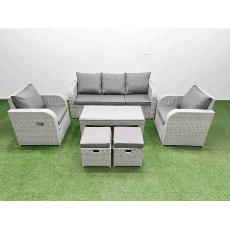 Fimous PE Rattan Garden Furniture Set Reclining Chair Sofa Lounge Sofa Set Rectangular Coffee Table 2 Small Stools Light Grey (1/5)