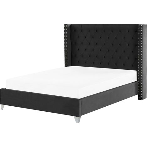 Letto con testiera alta imbottita in velluto nero 160 x 200 cm Lubbon