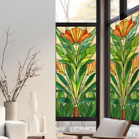 Stickers décoratifs électrostatique, hibiscus, orange, vert, effet vitrail, 150 cm X 67,5 cm (1/5)