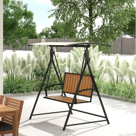 Dondolo da giardino 2 posti in metallo e WPC con tettuccio regolabile in poliestere nero, 142x112x162 cm (1/5)
