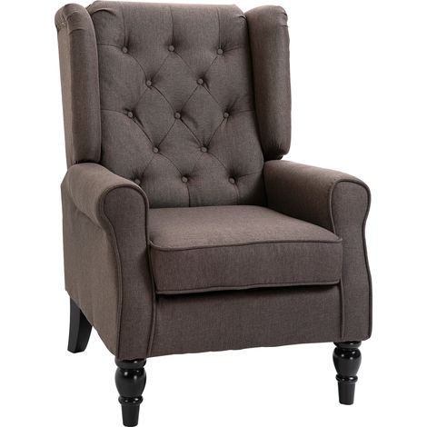Fauteuil Recaredo Chesterfield Capitonné Tissu Chocolat Pieds Bois Élégant