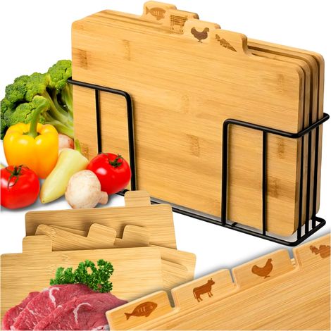 Juego de 4 tablas de cortar para servir en la cocina de madera de bambú + soporte (1/5)