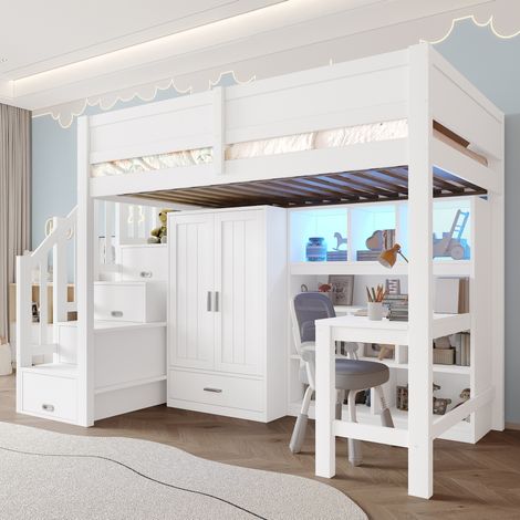 Lit mezzanine 90 x 200 avec bureau, étagère, armoire, escalier de rangement et LED, blanc DESVIAE (1/5)