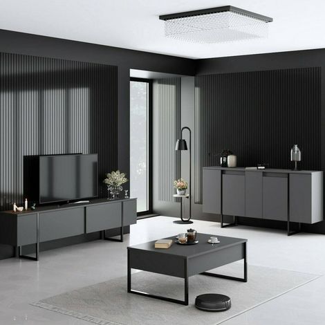 Ensemble meubles de séjour Pignano, modulable, 4 étagères, ouverture battante et basculante, noir anthracite (1/5)