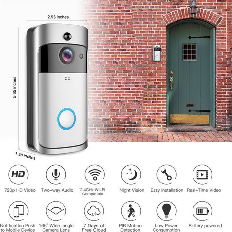 Kabellose smarte Video-Türsprechanlage, WLAN-fähige Video-Türklingel für Zuhause, silber und schwarz.
