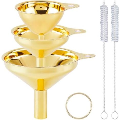Set mit 3 kleinen goldenen Edelstahl-Trichtern für die Küche, lebensmittelecht, mit Reinigungsbürsten zum Befüllen von ätherischen Ölflaschen - (1/5)