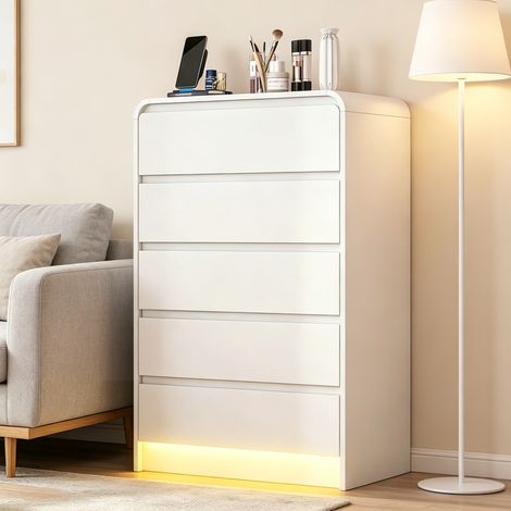 Commode Blanche en Bois, Commode Haute à 5 tiroirs, Meuble de Rangement Moderne avec éclairage LED pour Chambre Salon Entrée, Style minimaliste, 73x40x111cm (1/5)