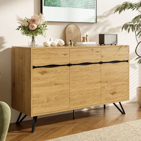 Petits espaces, montage simple : buffet 3 portes effet bois, pieds métal noirs pour salon ou entrée (1/5)