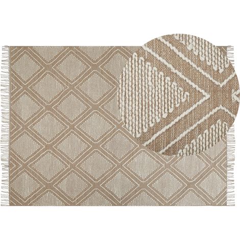 Alfombra de algodón beige blanco 140 x 200 cm geométrico borlas oriental Kacem
