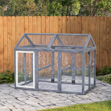 Poulailler gris en bois de sapin 140 x 88,5 x 106 cm (1/5)