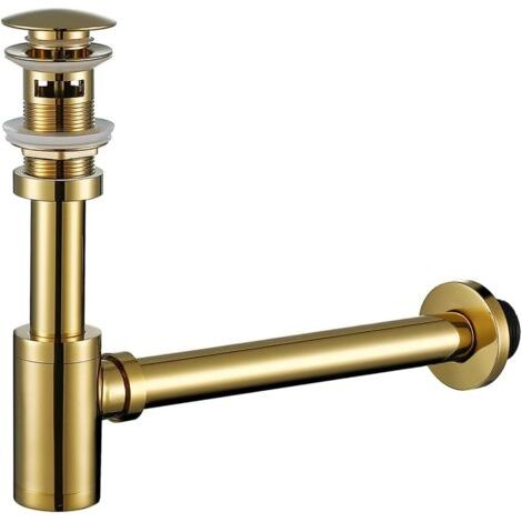 Siphon de lavabo de salle de bain rond en laiton en forme de P de 1,5 pouce avec trop-plein et bouchon de vidange escamotable Hauteur réglable pour siphon de lavabo Kit d'assemblage de tuyau de vidang