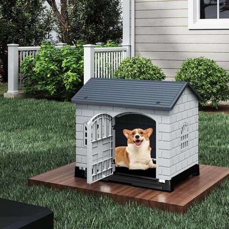 GOPLUS Niche pour Chien Exterieur en PP, Cabane Chien Exterieur Interieur avec 3 Fenêtres, Porte Verrouillable, Toit en Pente, Plateau de Toilette Amovible, Ventilé&Imperméable, 75 x 58 x 65 CM (Gris) (1/5)