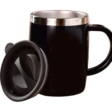 Kaffeebecher aus Edelstahl 304 mit Deckel, auslaufsicher, ansprechendes Design für Büro und Zuhause, 420 ml, schwarz (1/5)