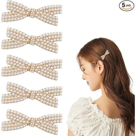 5 Barrette Perles Nœuds, Pinces Cheveux Bec de Canard, Griffes Métal Doré, Jolis Accessoires Coiffure, Outils Styling Cheveux, Cadeau Fille (1/5)