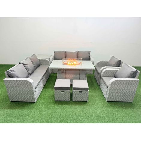 Fimous PE Rattan High Back Lounge Sofa Set Patio Firepit Dining Table & Chairs Set with 3 Seater Sofa Reclining Chair Stools Side Table Light Grey (1/4)