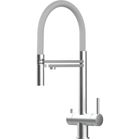Rubinetto 3 vie miscelatore lavello cucina VIZIO in Acciaio INOX Spazzolato - Canna grigia movibile e doccia due getti staccabile - ACCIAIO CHIRURGICO AISI 316 (1/5)