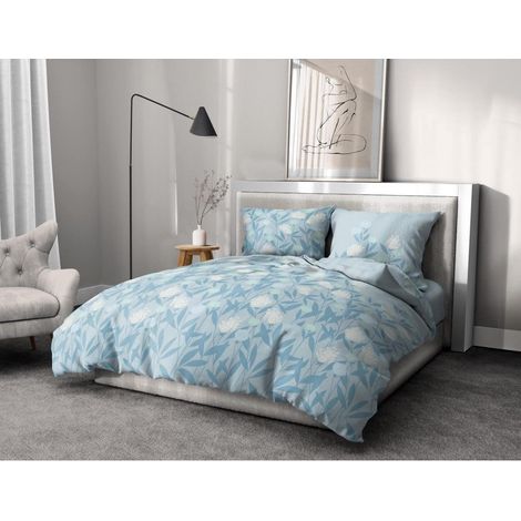 Housse de Couette 3 Pièces 100% Coton 57 Fils 2 Personnes 240x260 cm TEMPETE Florale Bleu HP62686 (1/5)