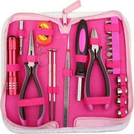 23-teiliges Werkzeugset in Rosa mit Aufbewahrungstasche aus rosa Nylon für Heimwerkerarbeiten und Reparaturen zu Hause und im Büro – Kiefer (1/4)