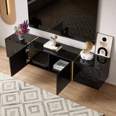 Meuble tv noir laqué 4 portes noir‑doré moderne et épuré – meuble tv design pour salon (1/5)