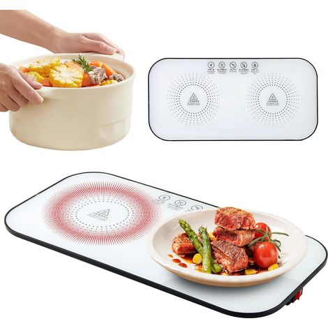Plateau chauffant électrique portable 37 x 18 cm – Chauffe plat rapide pour tous types de vaisselle – Nettoyage facile en verre trempé