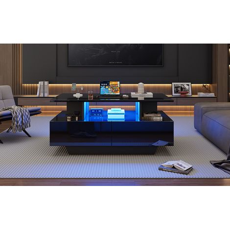 Table de salon moderne en acajou, avec éclairage LED et 2 tiroirs. Table de séjour élégante, mesurant 90x55x41 cm. Capacité de charge jusqu’à 30 kg. (1/5)