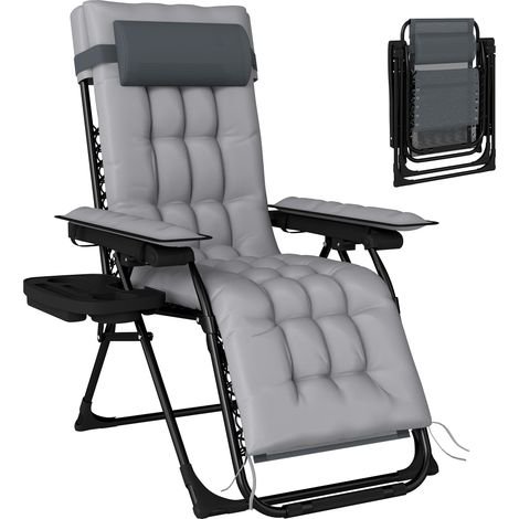 Outsunny silla de gravedad cero, tumbona plegable de jardín, reclinable ajustable con reposabrazos, reposacabezas, cojín, portavasos, gris claro